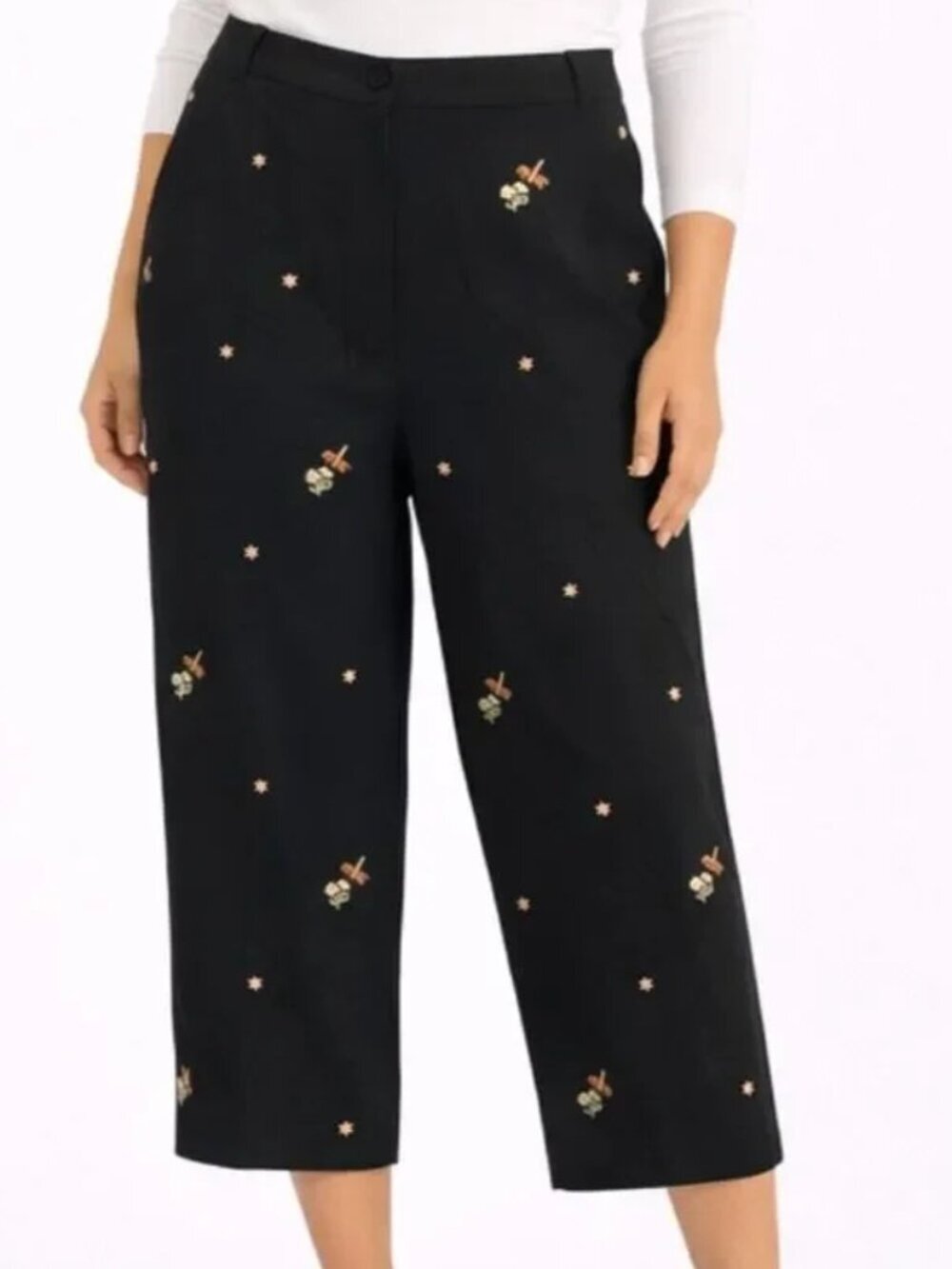 Alfred Dunner Fun dragonfly flower embroidered Capri Pants Sz 12 elastic waist